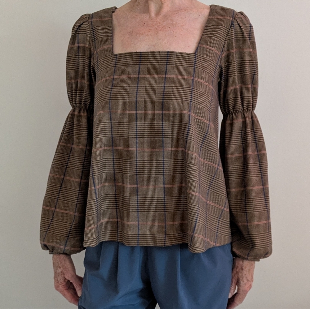 En Saison S Brown Plaid Square Neck Blouse Workwear Cottage Old Money​